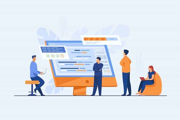 software developers programming computer with script 74855 6661